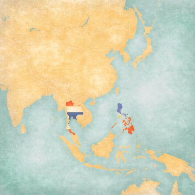 Tayland ve Filipinler yumuşak grunge ve vintage tarzı Doğu ve Güneydoğu Asya haritasında, suluboya boyama ile eski kağıt gibi.