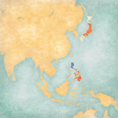 Japonya ve Filipinler Doğu ve Güneydoğu Asya haritasındaki yumuşak grunge ve Vintage tarzında, eski kağıt gibi suluboya boyama.