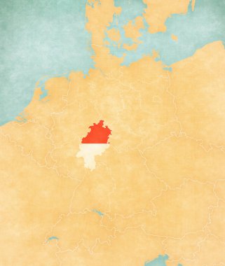 Hesse (Hessen bayrağı) Almanya haritasında suluboya resimli eski bir kağıt gibi yumuşak grunge ve klasik tarzda. 