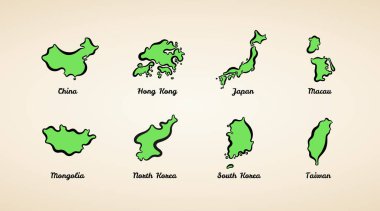 Çin, Hong Kong, Japonya, Macau, Moğolistan, Kuzey Kore, Güney Kore ve Tayvan 'ın basitleştirilmiş ana hatları.