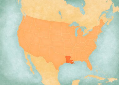 Louisiana, Amerika Birleşik Devletleri haritasında suluboya resimli eski bir kağıt gibi yumuşak grunge ve klasik tarzda yer almaktadır.. 