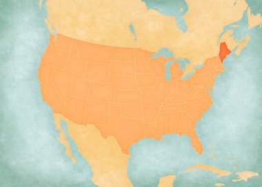 Maine, Amerika Birleşik Devletleri haritasında suluboya resimli eski bir kağıt gibi yumuşak grunge ve klasik tarzda.. 