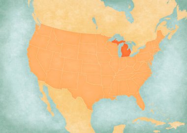 Michigan, Amerika Birleşik Devletleri haritasında suluboya resimli eski bir kağıt gibi yumuşak grunge ve vintage tarzda. 