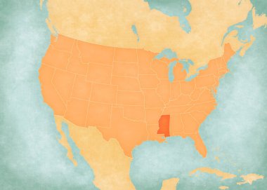 Mississippi, Amerika Birleşik Devletleri haritasında suluboya resimli eski bir kağıt gibi yumuşak grunge ve vintage tarzında.. 