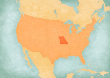 Missouri, Amerika Birleşik Devletleri haritasında suluboya resimli eski bir kağıt gibi yumuşak grunge ve vintage tarzında.. 
