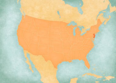 New Jersey, Amerika Birleşik Devletleri haritasında suluboya resimli eski bir kağıt gibi yumuşak grunge ve vintage tarzda yer almaktadır.