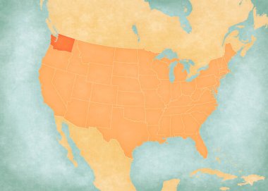 Washington, Amerika Birleşik Devletleri haritasında suluboya resimli eski bir kağıt gibi yumuşak grunge ve vintage tarzında yer alıyor.. 