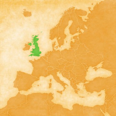 Birleşik Krallık, Avrupa 'nın ocher retro haritasında eski antika kağıt üzerinde.