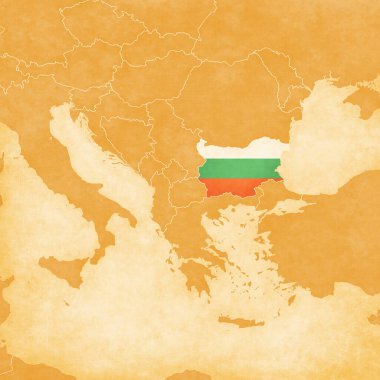 Bulgaristan, eski antika kağıt üzerinde Balkanlar 'ın ocher retro haritasında bayrağı boyadı.