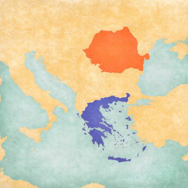 Yunanistan ve Romanya, suluboya boyama ile eski kağıt gibi, yumuşak grunge ve vintage tarzı Balkanlar haritasında. 