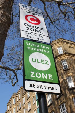 ULEZ, London, UK - April 8 2019: ULEZ (Ultra low emission zone) charge congestion charge & Ultra Low Emission Zone (ULEZ) warning sign central London congestion ULEZ sign 12.50, TFL stock photo photograph  clipart