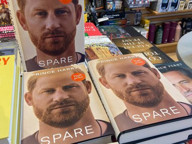 London, UK 01.02.23: Book by Prince Harry, Duke of Sussex memoir titled Spare went on sale and seen on display at the WH Smith bookstore in London, UK on February 01, 2023 clipart