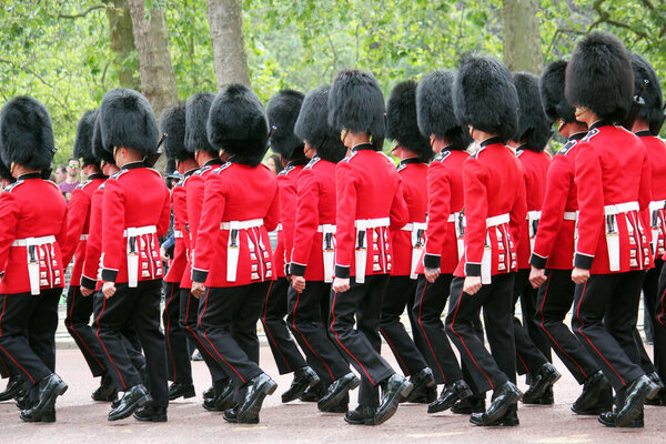 LONDON, UK - June 17, 2023: Kings Coldstream Guards Marching on The Mall for The King's Birthday Parade, London, UK