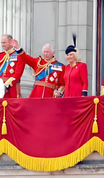 stock image London, UK - 17 June 2023: King Charles, Queen Camilla and Royal family Prince Louis George William Kate Middleton  Princess Charlotte Trooping the colour on balcony at Buckingham Palace stock photo