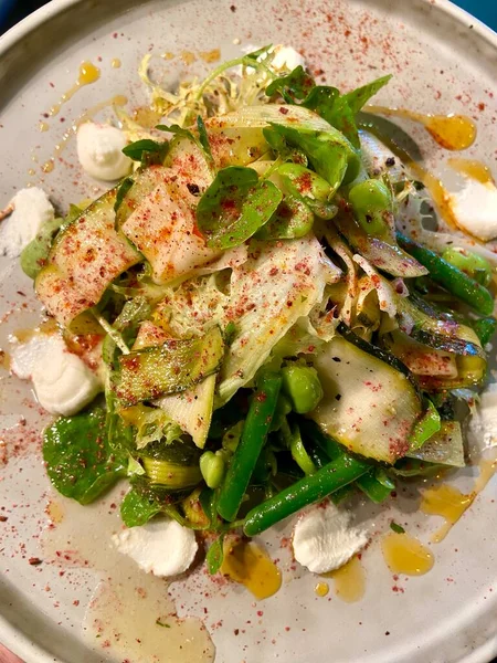 Pickled courgette salad with ricotta edamame  beans leaf salad healthy diet olive oil