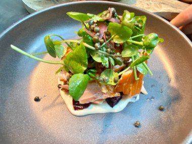 Sıcak somon salatası pancar kökü ve su teresi yaprakları- plaka ahşap masa üzerinde yabanturpu kremi ve kapari ile