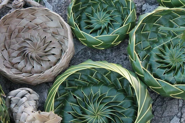 椰子树叶用棕榈叶织成的篮子编织碗在加勒比安提瓜也很常见 在亚洲和泰国也很常见 图库照片