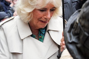 Rye, East Sussex, UK- 16.05.2024: Queen Consort Camilla visits Rye Church and Lamb house to celebrate Literature history meets crowds in the rain  clipart