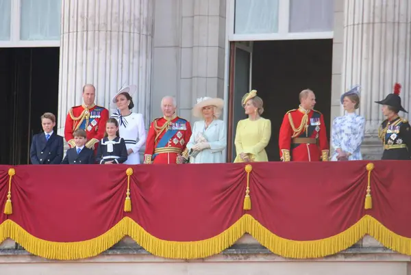 stock image London. June 15th 2024 - King Charles iii, Queen Camilla, the Prince and Princess of Wales Kate and William and their children prince George, Louis, and Princess Charlotte on balcony of Buckingham Palace during the Trooping the Colour celebrations