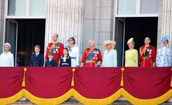 stock image London. June 15th 2024 - King Charles iii, Queen Camilla, the Prince and Princess of Wales Kate and William and their children prince George, Louis, and Princess Charlotte on balcony of Buckingham Palace during the Trooping the Colour celebrations