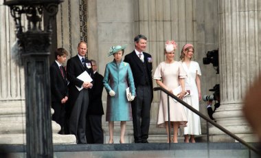 London, UK - 06.03.2022: Anne Princess Royal, Timothy Laurence, Prince Edward, Sophie, Louise Platinum Jubilee thanks giving service at St Pauls Cathedral, Anne wearing blue coat dress, London UK clipart