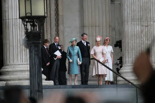 stock image London, UK - 06.03.2022: Anne Princess Royal, Timothy Laurence, Prince Edward, Sophie, Louise Platinum Jubilee thanks giving service at St Pauls Cathedral, Anne wearing blue coat dress, London UK