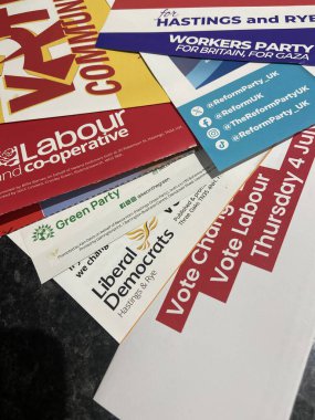 East Sussex, Uk- 3.7.24: leaflets for candidates for general election in UK labour, green, lib dem, workers party clipart