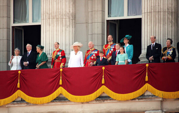 London, UK - 14.06.25: King Charles, Queen Camilla and British Royal family appear on balcony at Buckingham palace, Prince William, Princess Kate, George, Charlotte, Louis, Anne, Edward, watch fly over  