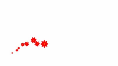 Canlandırılmış kırmızı güzel çiçekler soldan sağa uçar. Döngülü video. Beyaz arka planda uçan çiçekler dalgası.