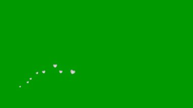 Canlandırılmış gümüş kalpler soldan sağa uçar. Uçan kalpler dalgası. Vektör illüstrasyonu yeşil arkaplanda izole edildi.