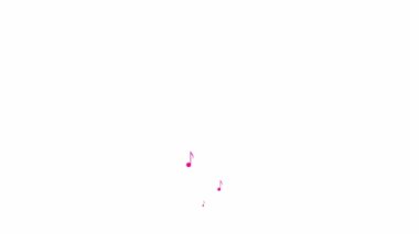 Animated pink notes fly from bottom to top. A wave of flying notes. Concept of music, song, melody. Vector illustration isolated on the white background.