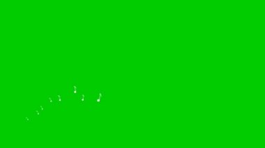 Canlandırılmış beyaz notalar soldan sağa doğru uçar. Bir nota dalgası. Müzik anlayışı. Vektör illüstrasyonu yeşil arkaplanda izole edildi.
