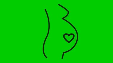 Animasyon siyah çizgi bebek kalbine hamile. Kalp atışının döngülü videosu. Hamilelik kavramı, annelik. Vektör illüstrasyonu yeşil arkaplanda izole edildi.