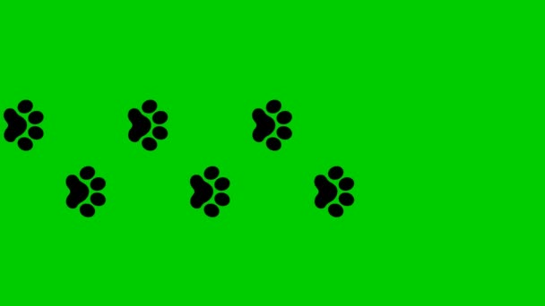 アニメ化された猫ブラックトラック 猫の足のプリントが順番に表示されます ループビデオだ 緑の背景に隔離されたベクトルフラットイラスト — ストック動画