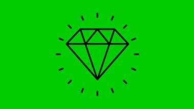 Elmasın animasyon siyah sembolü. Mücevher ikonu etrafındaki ışınlar parlıyor. Kalite kavramı, ideal döngülü video. Yeşil arkaplanda izole edilmiş doğrusal vektör çizimi.