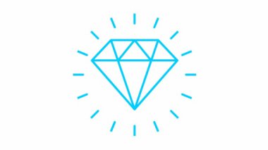 Elmasın mavi sembolü. Mücevher ikonu etrafındaki ışınlar parlıyor. Kalite kavramı, ideal döngülü video. Beyaz arkaplanda izole edilmiş doğrusal vektör çizimi.