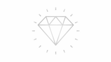 Elmasın animasyon gümüş sembolü. Mücevher ikonu etrafındaki ışınlar parlıyor. Kalite kavramı, ideal döngülü video. Beyaz arkaplanda izole edilmiş doğrusal vektör çizimi.