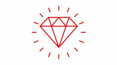 Elmasın canlandırılmış kırmızı sembolü. Mücevher ikonu etrafındaki ışınlar parlıyor. Kalite kavramı, ideal döngülü video. Beyaz arkaplanda izole edilmiş doğrusal vektör çizimi.