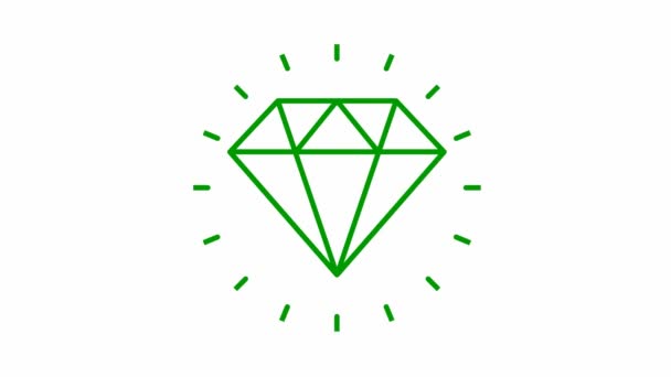 ダイヤモンドのアニメーション緑のシンボル 宝石のアイコンの周りの光線からの放射線 品質の概念 理想的なループビデオ 白い背景に孤立した線形ベクトル図 — ストック動画