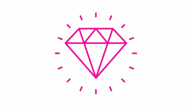 ダイヤモンドのアニメーションピンクのシンボル 宝石のアイコンの周りの光線からの放射線 品質の概念 理想的なループビデオ 白い背景に孤立した線形ベクトル図 — ストック動画