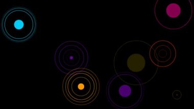 Renkli çemberli soyut arkaplan canlandırması. Çok renkli halkaların animasyonuyla siyah arkaplan. Wi-Fi kavramı. Vektör illüstrasyonu