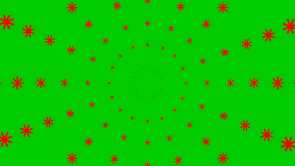 圣诞节的背景 生机勃勃的越来越红的雪花从中心圈 循环视频 天在下雪 在绿色背景上隔绝的降雪 — 图库视频影像