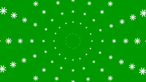 圣诞节的背景 从中心开始动画化的雪片圆圈 循环视频 天在下雪 在绿色背景上隔绝的降雪 — 图库视频影像