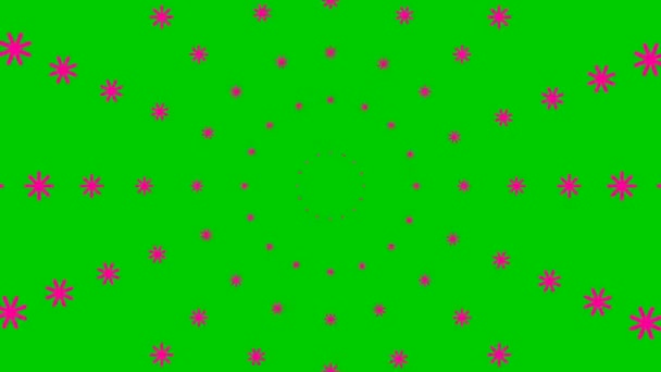 圣诞节的背景 动画中的粉色雪花从中心开始旋转 循环视频 天在下雪 在绿色背景上隔绝的降雪 — 图库视频影像