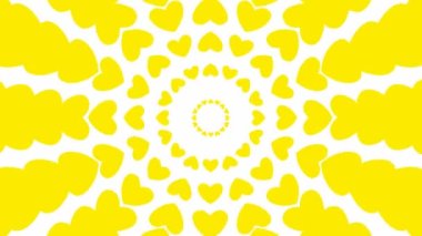 Merkezden gelen hareketli sarı kalp çemberleri. Döngülü video. Vektör illüstrasyonu yeşil arkaplanda izole edildi.