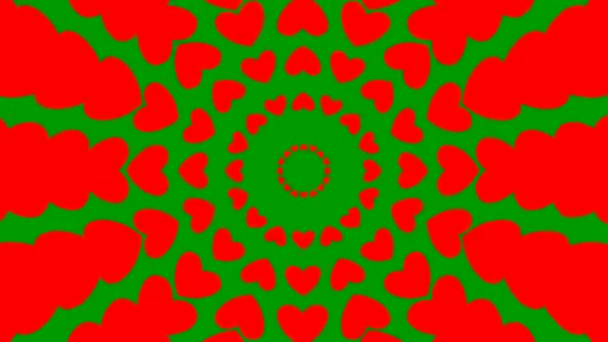 中央からの赤いハートサークルの増加アニメーション ループビデオだ 緑の背景に独立したベクトル図 — ストック動画