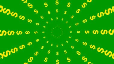 Merkezden gelen hareketli sarı dolar çemberleri. Soyut arkaplan. Döngülü video. Düz vektör çizimi yeşil arkaplanda izole edildi.