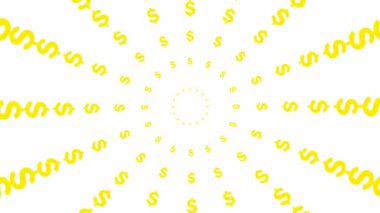 Merkezden gelen hareketli sarı dolar çemberleri. Soyut arkaplan. Döngülü video. Düz vektör çizimi beyaz arkaplanda izole edildi.