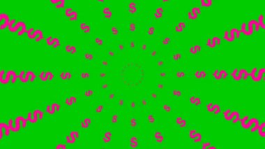 Merkezden yükselen pembe dolar çemberleri. Soyut arkaplan. Döngülü video. Düz vektör çizimi yeşil arkaplanda izole edildi.