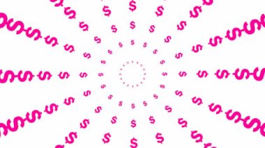 Merkezden yükselen pembe dolar çemberleri. Soyut arkaplan. Döngülü video. Düz vektör çizimi beyaz arkaplanda izole edildi.
